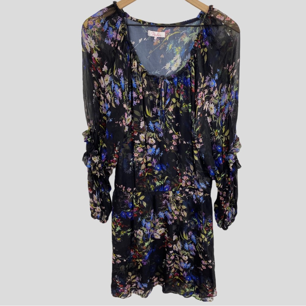 Parker Black + Multicolor Floral Silk Ruffle Trim Tie Neck Dress - Picture 2 of 8